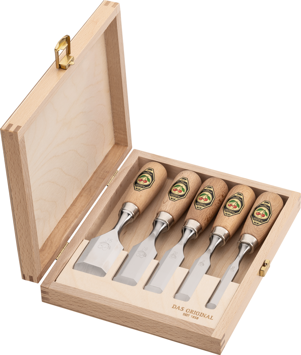 Kirschen Kurzbeitel 5er Set mit Rotbuchenheft im Holzkasten