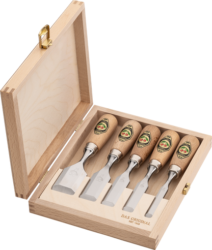 Kirschen Kurzbeitel 5er Set mit Rotbuchenheft im Holzkasten