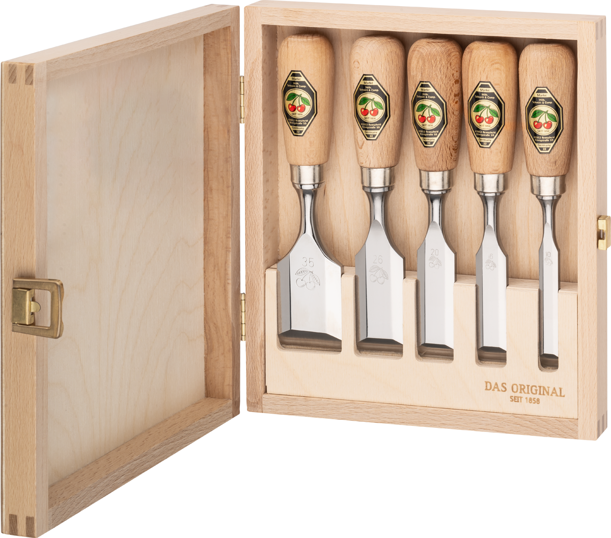 Kirschen Kurzbeitel 5er Set mit Rotbuchenheft im Holzkasten