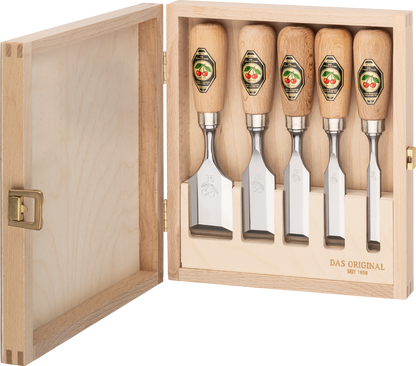 Kirschen Kurzbeitel 5er Set mit Rotbuchenheft im Holzkasten