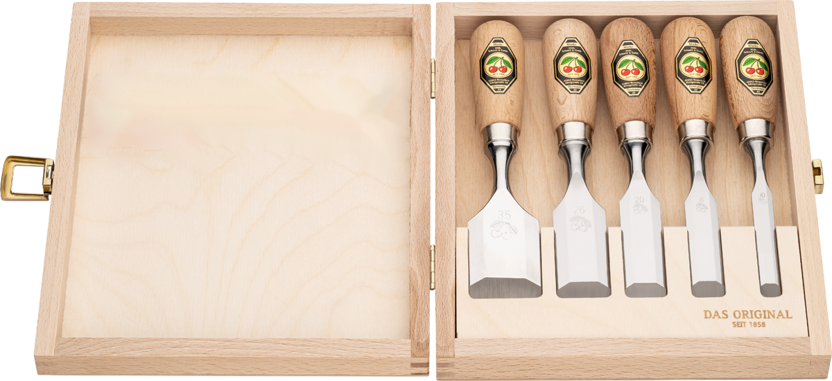 Kirschen Kurzbeitel 5er Set mit Rotbuchenheft im Holzkasten