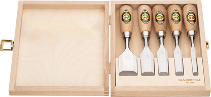 Kirschen Kurzbeitel 5er Set mit Rotbuchenheft im Holzkasten