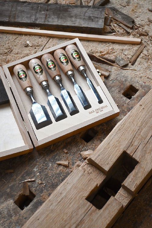 Kirschen Kurzbeitel 5er Set mit Rotbuchenheft im Holzkasten