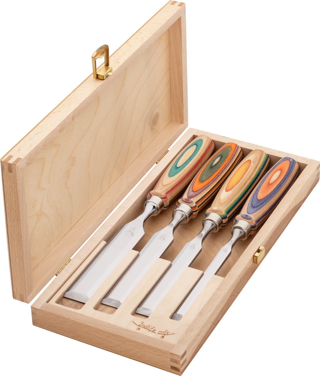 Kirschen Stechbeitel 4er mit Skateboardheft (W.I.N.A.C.) im Holzkasten