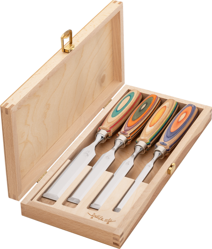 Kirschen Stechbeitel 4er mit Skateboardheft (W.I.N.A.C.) im Holzkasten