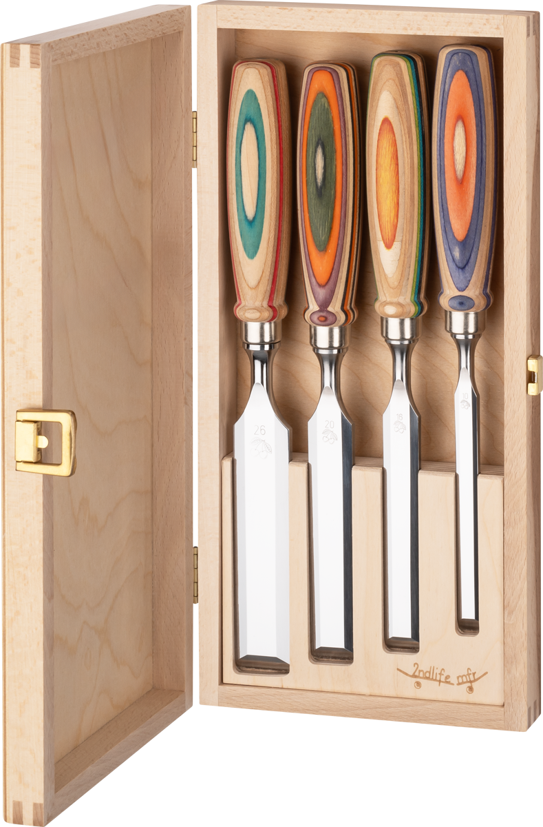 Kirschen Stechbeitel 4er mit Skateboardheft (W.I.N.A.C.) im Holzkasten