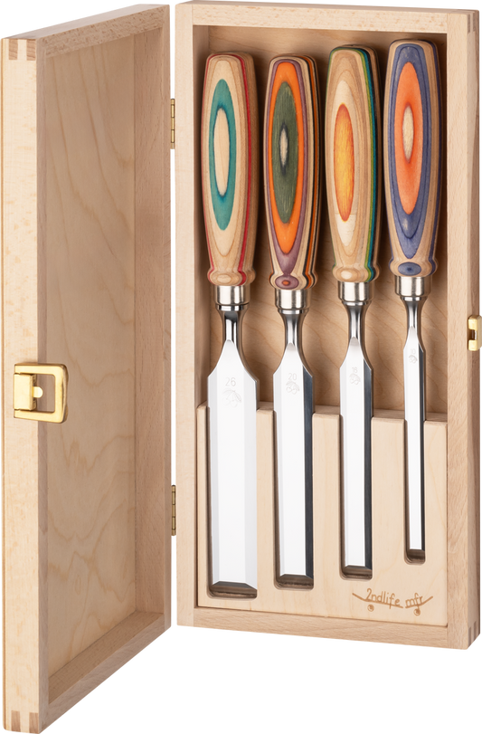 Kirschen Stechbeitel 4er mit Skateboardheft (W.I.N.A.C.) im Holzkasten