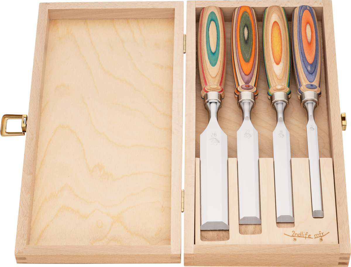 Kirschen Stechbeitel 4er mit Skateboardheft (W.I.N.A.C.) im Holzkasten