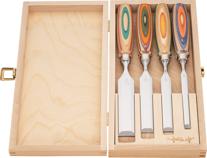 Kirschen Stechbeitel 4er mit Skateboardheft (W.I.N.A.C.) im Holzkasten