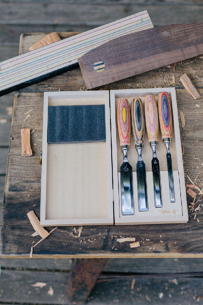 Kirschen Stechbeitel 4er mit Skateboardheft (W.I.N.A.C.) im Holzkasten