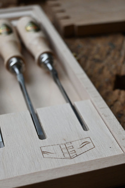 Kirschen Zinkenbeitel Set mit Anreißmesser und Holzkiste