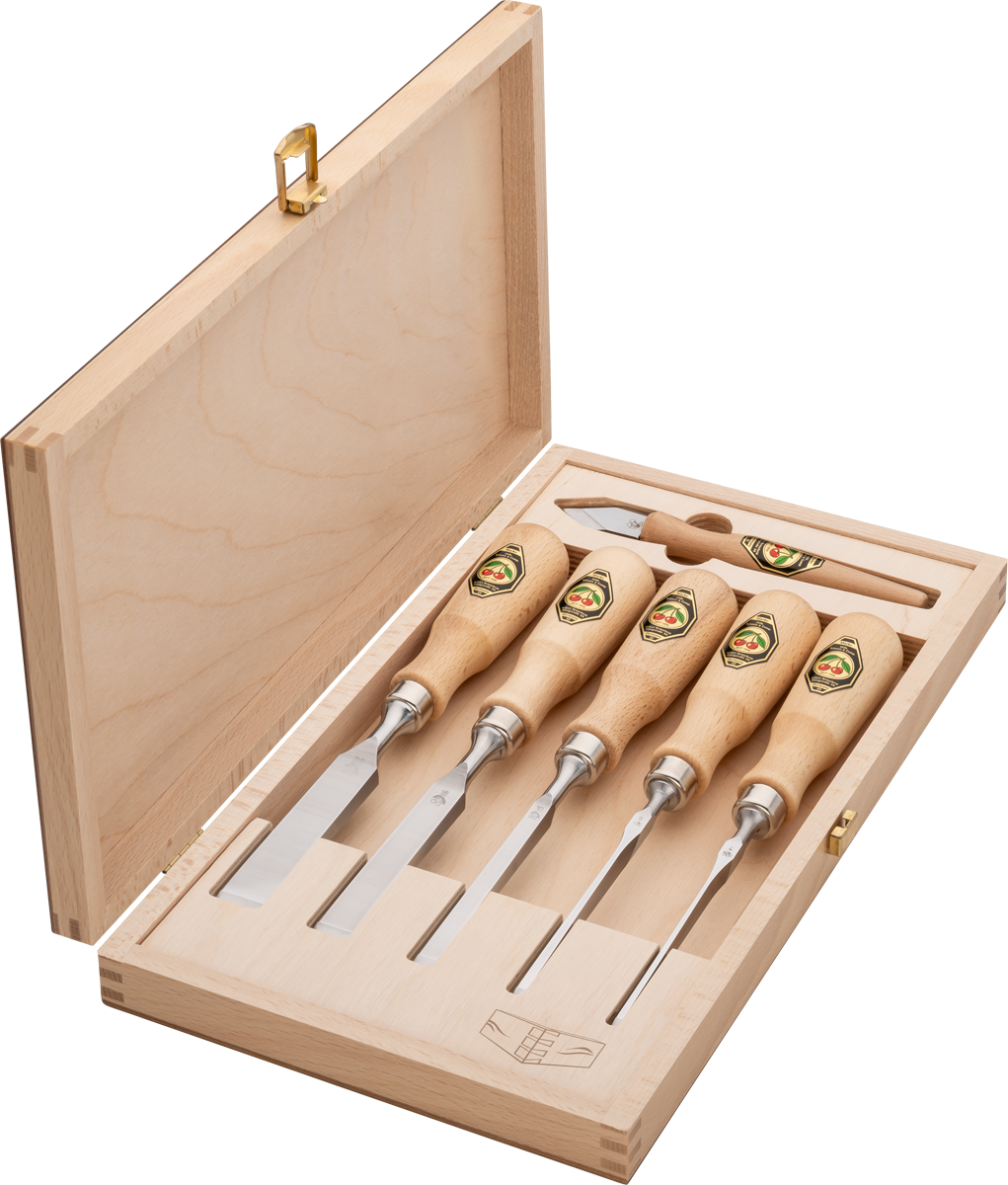Kirschen Zinkenbeitel Set mit Anreißmesser und Holzkiste
