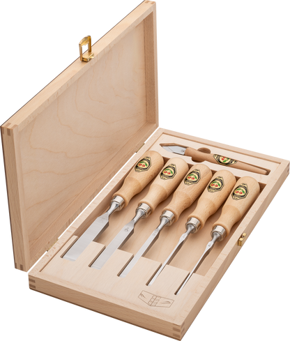 Kirschen Zinkenbeitel Set mit Anreißmesser und Holzkiste