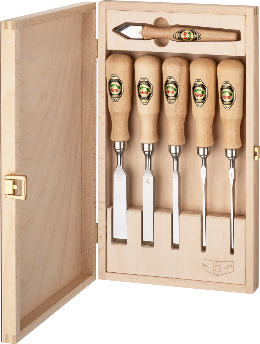 Kirschen Zinkenbeitel Set mit Anreißmesser und Holzkiste