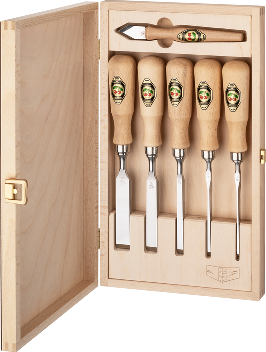 Kirschen Zinkenbeitel Set mit Anreißmesser und Holzkiste
