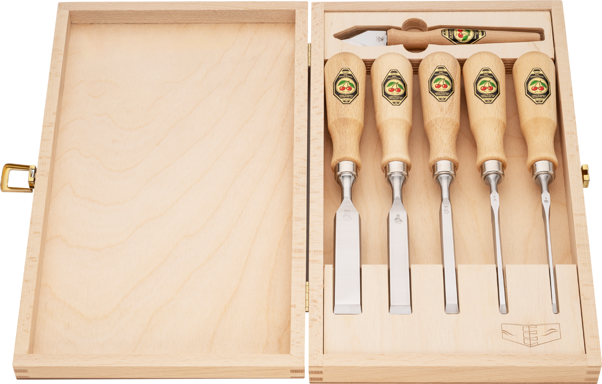 Kirschen Zinkenbeitel Set mit Anreißmesser und Holzkiste