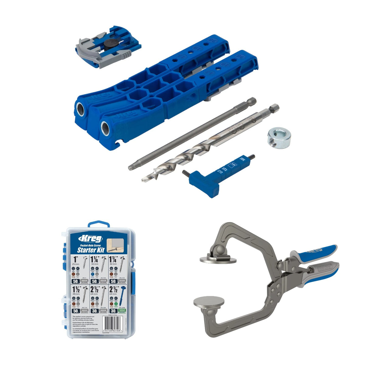 Set-Inhalt: Kreg Pocket-Hole Jig 320 mit Schrauben-Set und Zwinge